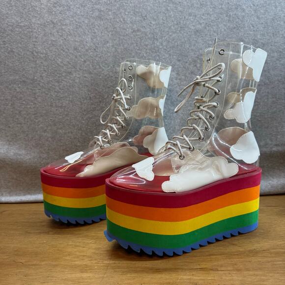 Current Mood Shoes - Current Mood-Happy Daze-Rainbow Platform Clear Chunky Boots-Women 10- Dolls Kill